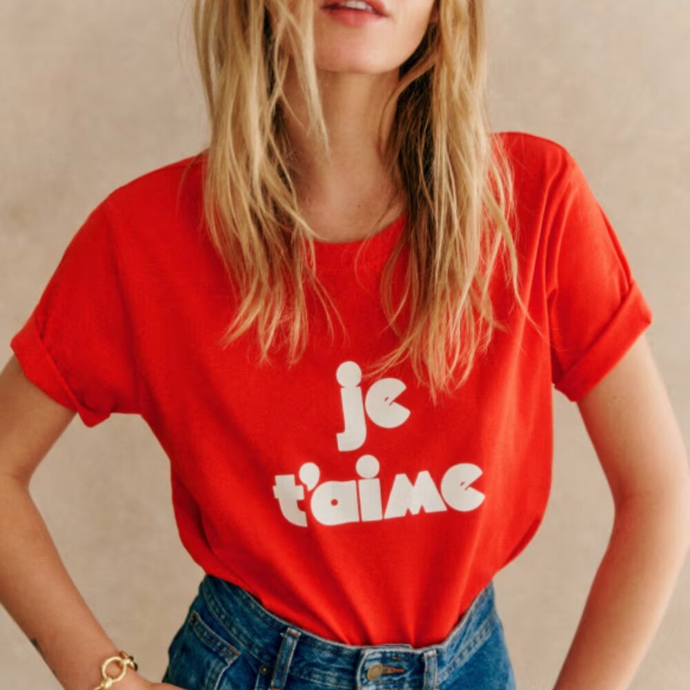 Sezane Je T'aime T-shirt - Pink Creation Red/ecru - Size M